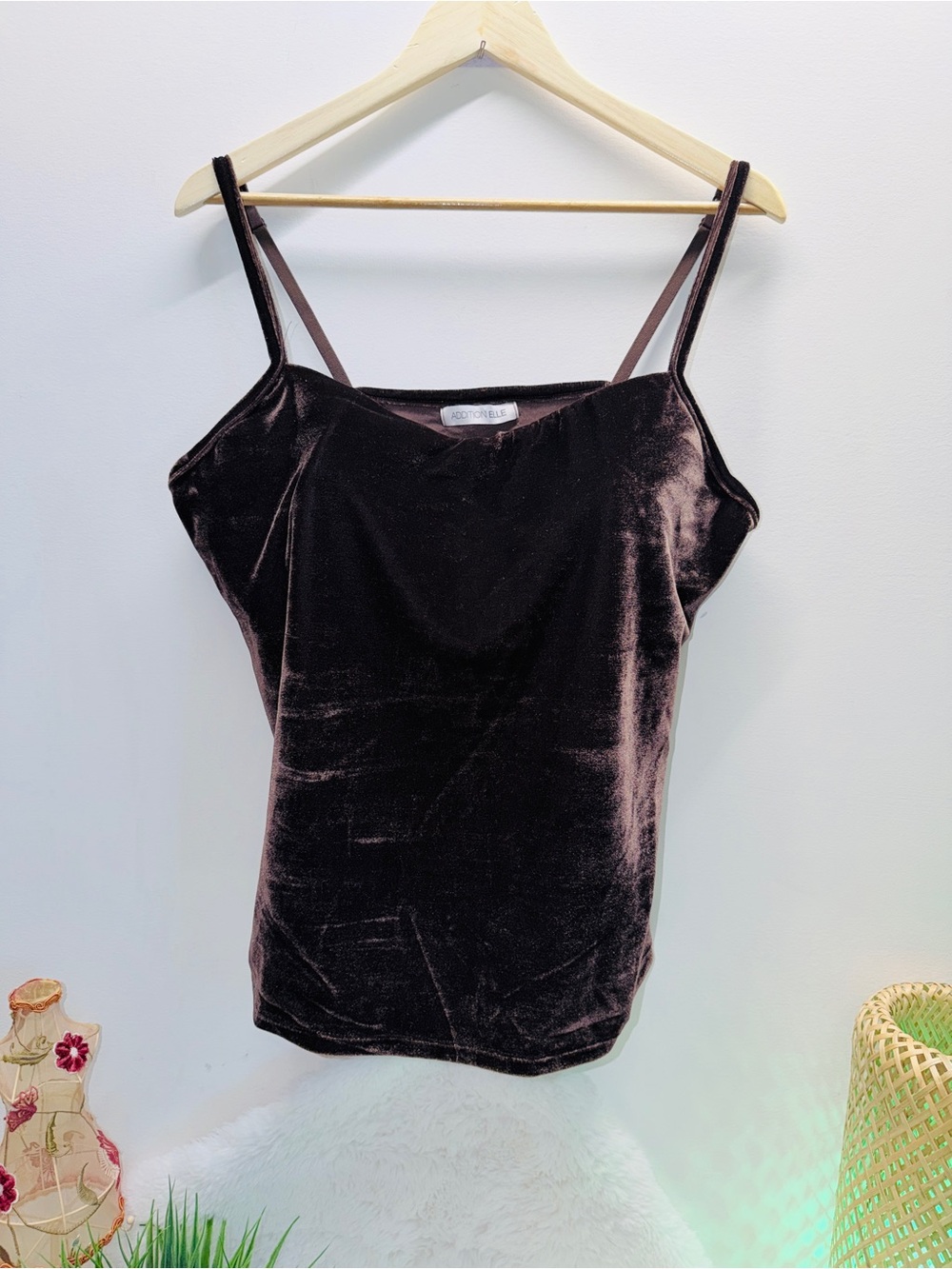Addition Elle Velvet Spaghetti Strap Camisole Top w/ Built In Bra - Brown 🔥
